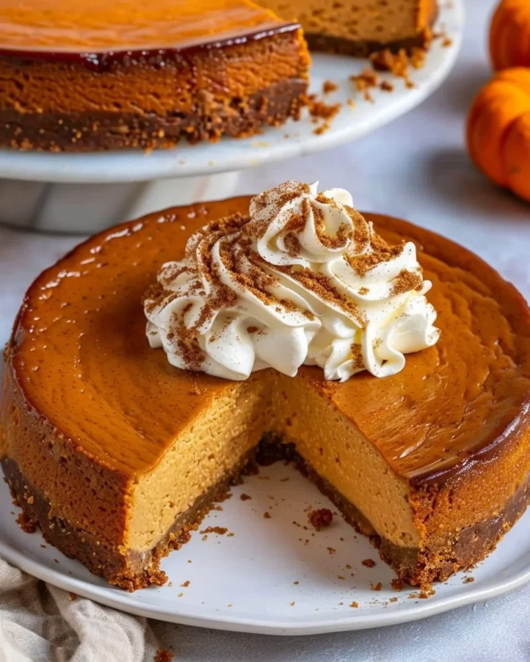 Slice of best-ever pumpkin cheesecake with gingersnap crust on a plate