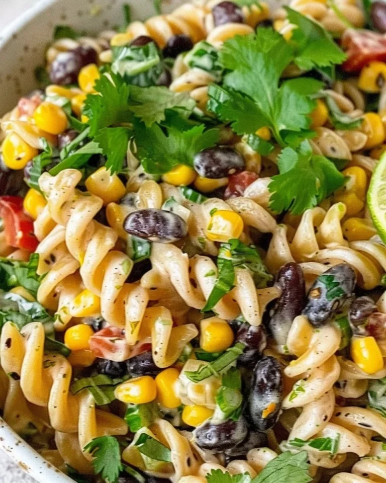 Black Bean and Corn Pasta Salad with Creamy Lime Dressing served in a bowl