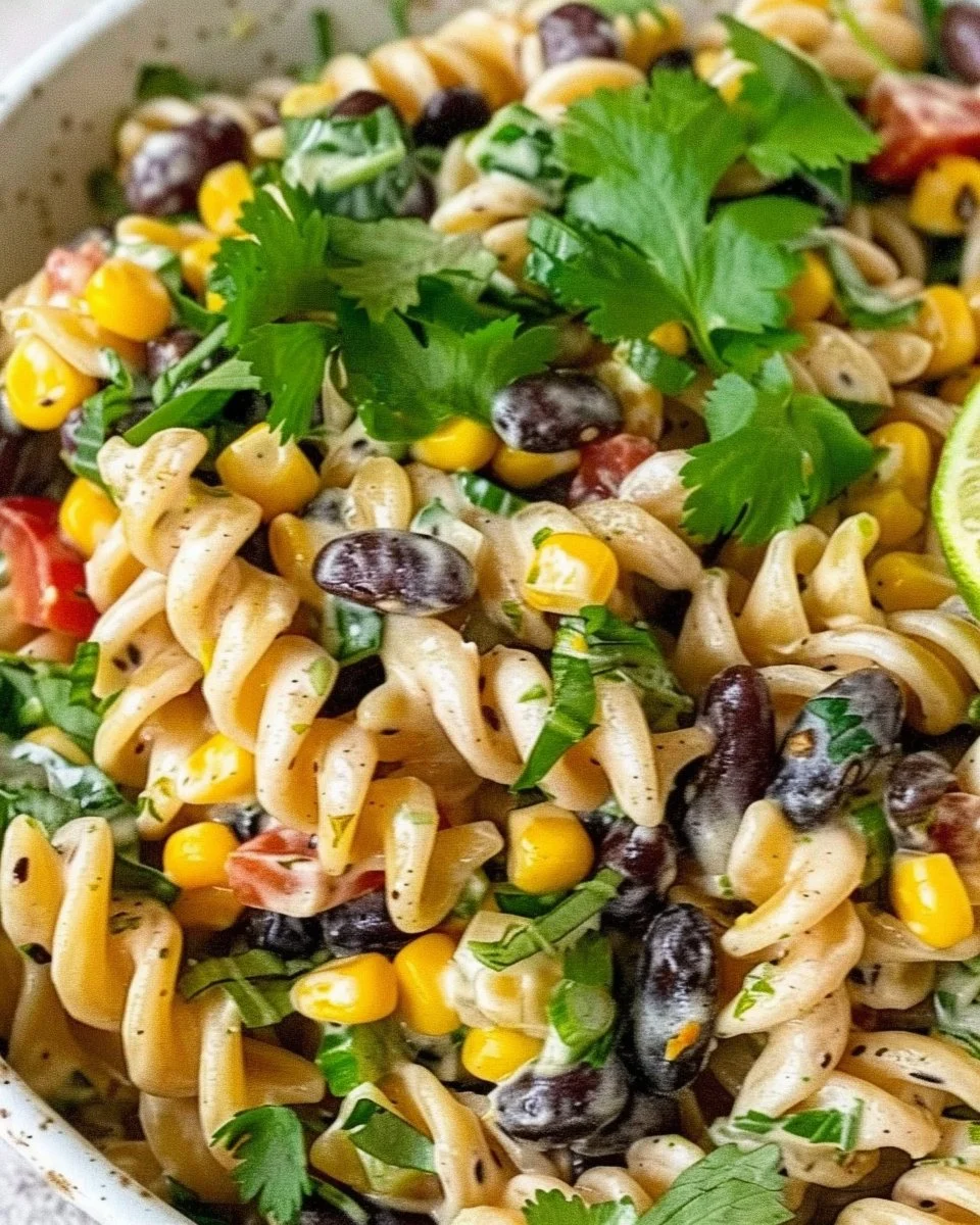 Black Bean and Corn Pasta Salad with Creamy Lime Dressing served in a bowl