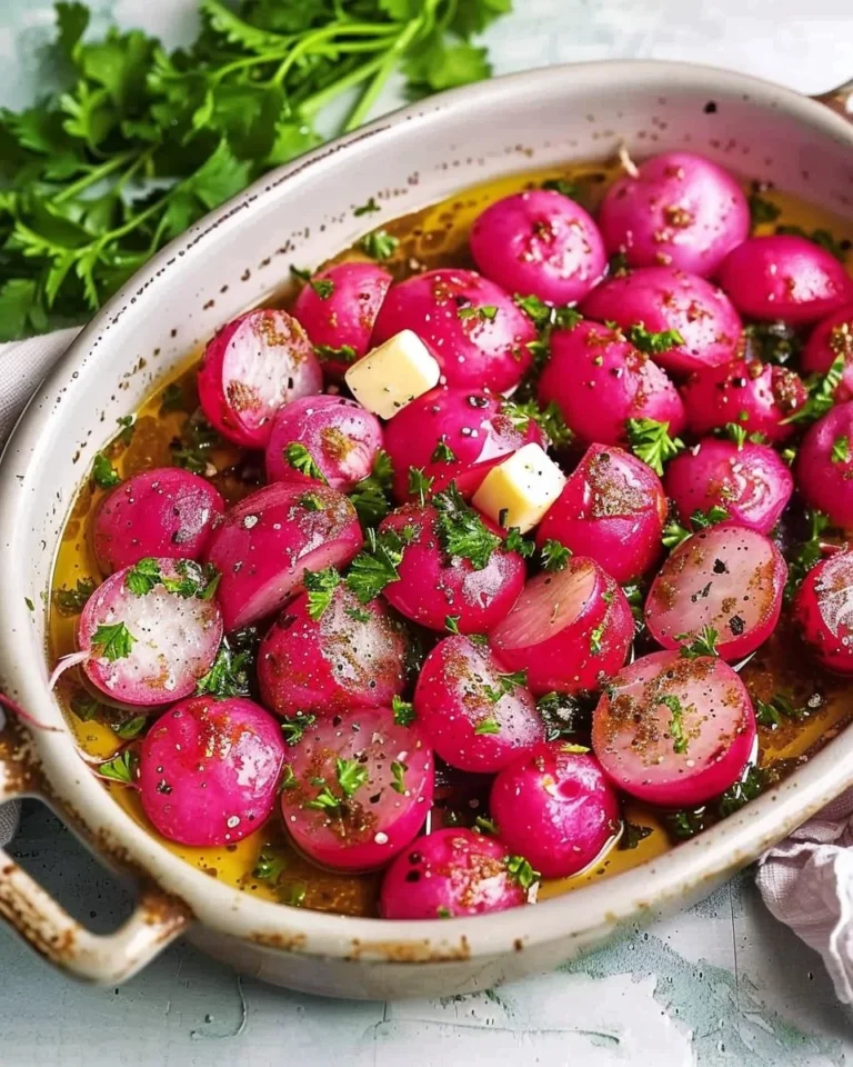 Butter-garlic roasted radishes served on a plate, garnished with herbs
