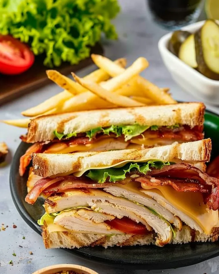 Delicious Chicken Club Sandwich with layers of chicken, bacon, lettuce, and tomato
