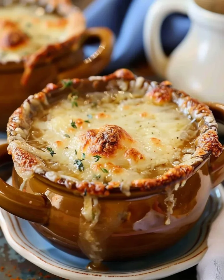 Delicious bowl of Classic French Onion Soup with melted cheese and fresh herbs