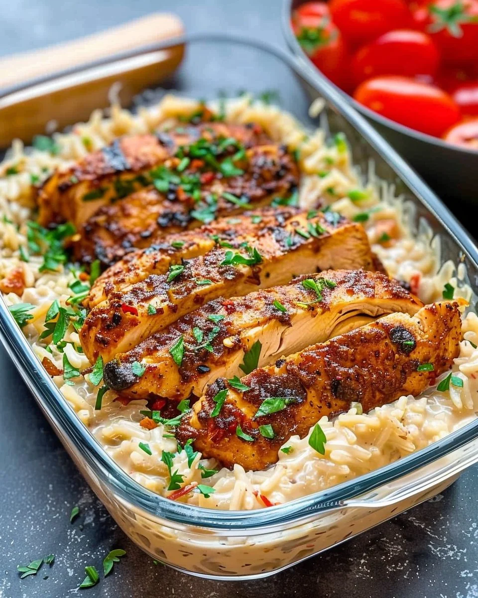 Creamy Cajun chicken rice bowl topped with fresh herbs and spices