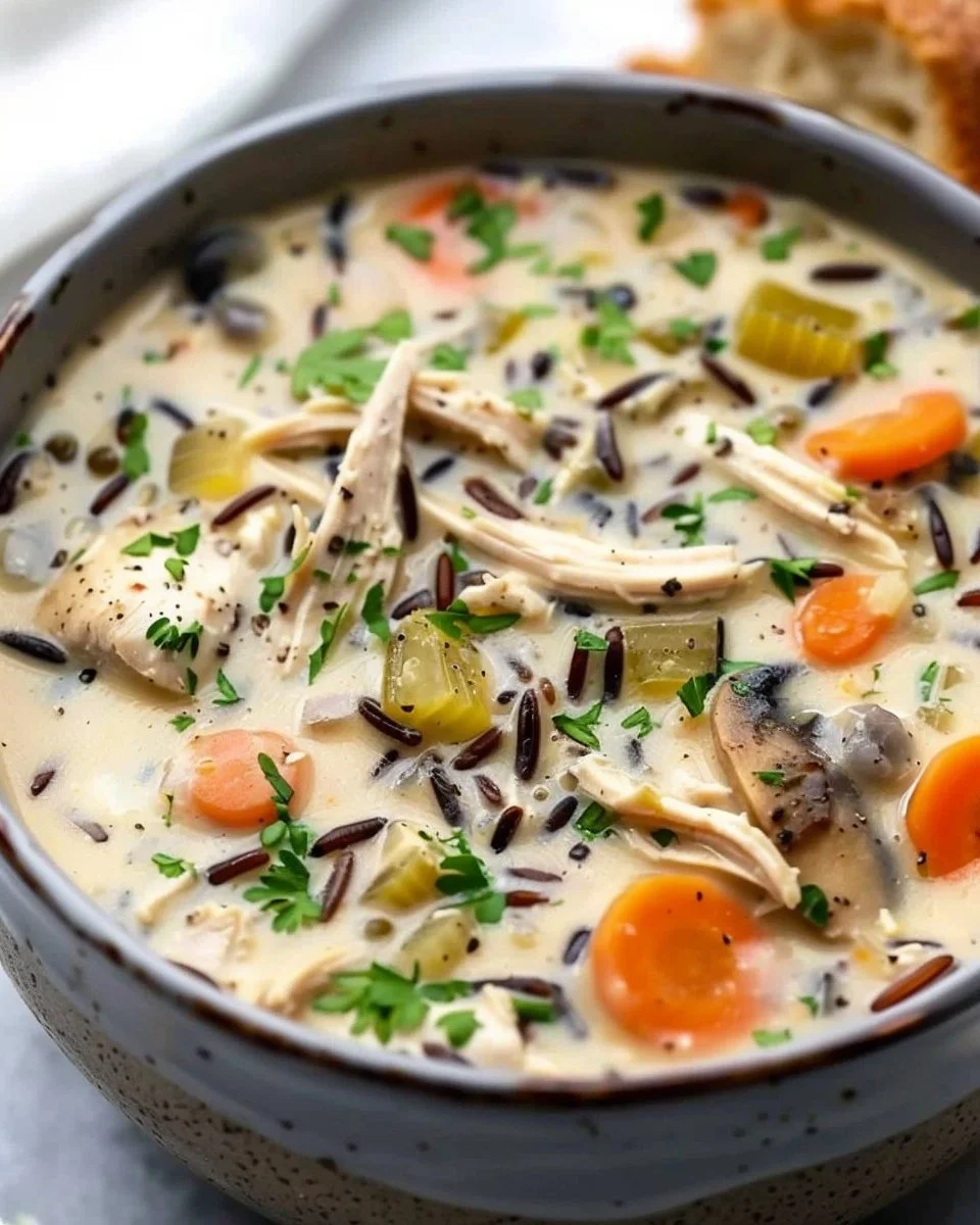 Bowl of creamy chicken wild rice soup made in a slow cooker
