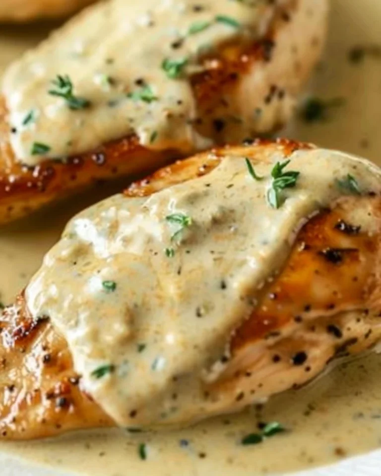 Creamy mustard chicken dish served with vegetables and herbs