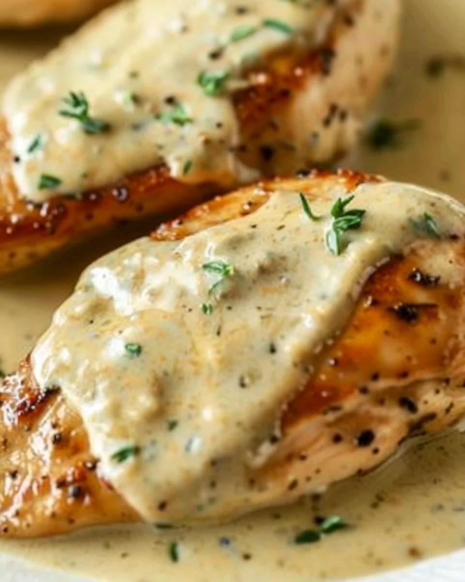 Creamy mustard chicken dish served with vegetables and herbs