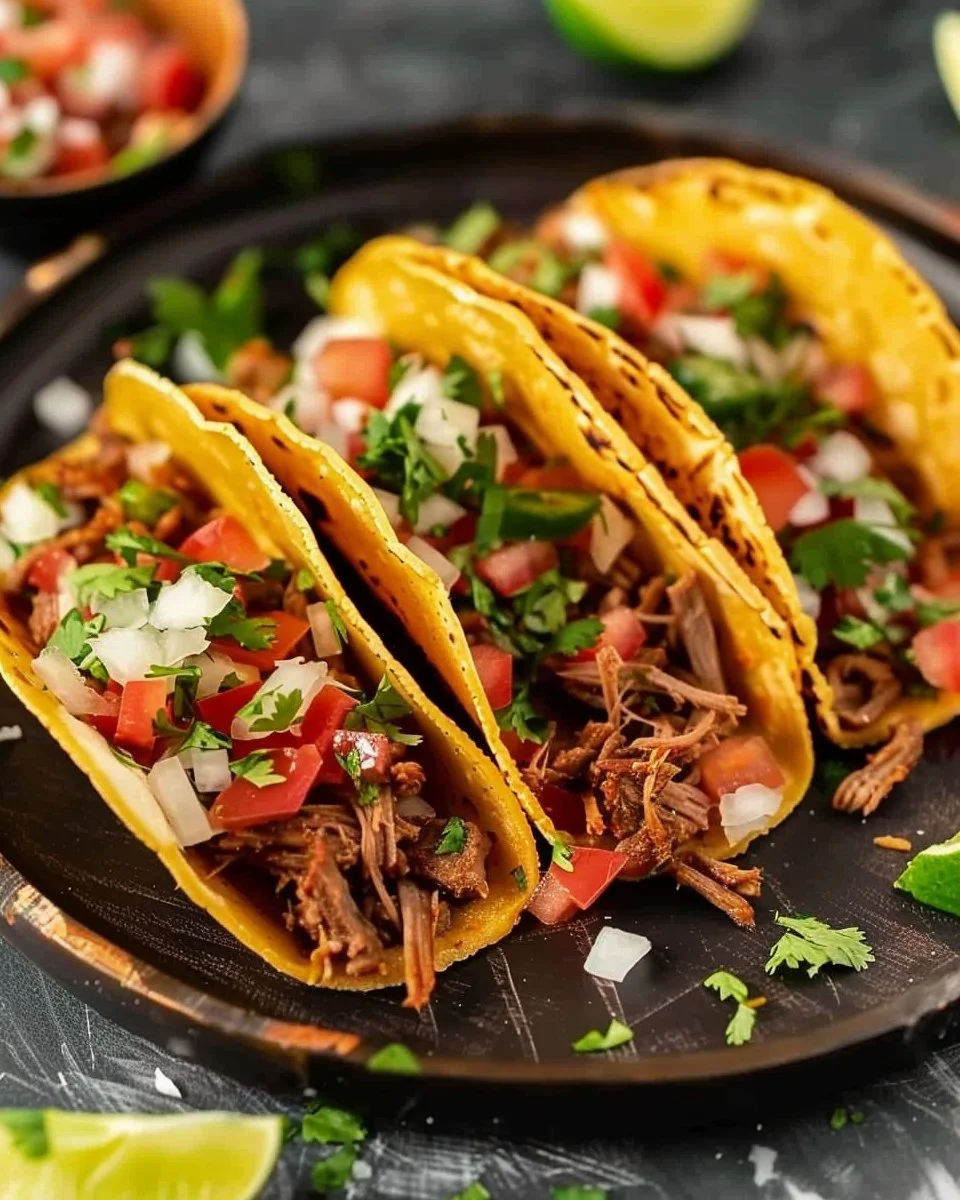 Crock Pot street tacos with flavorful toppings in a serving dish