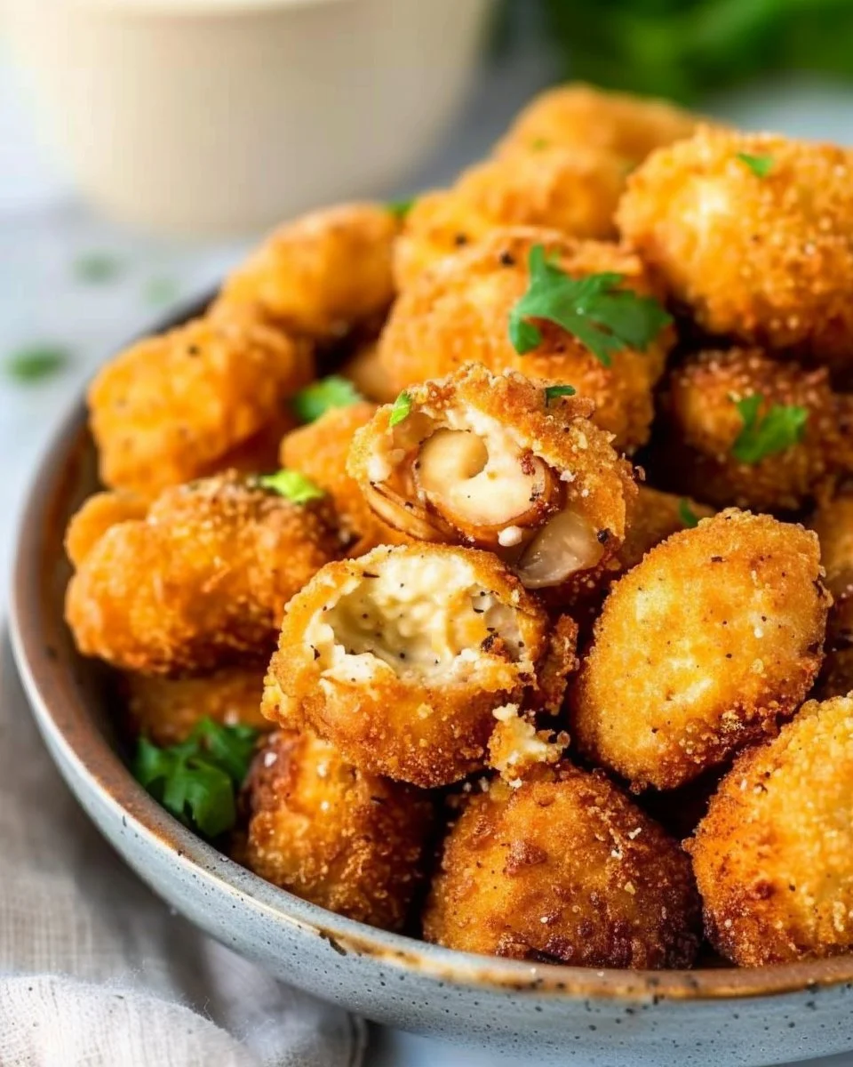 Golden brown fried mushrooms served as a tasty appetizer