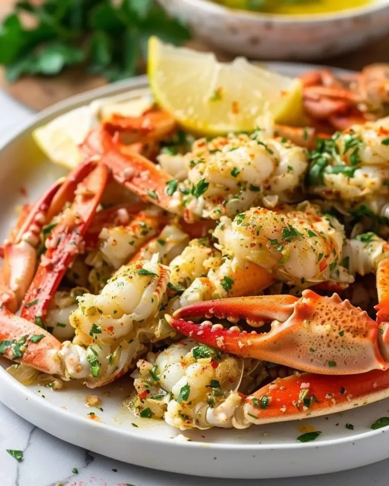 Plate of Garlic Butter Crab Meat garnished with herbs and spices