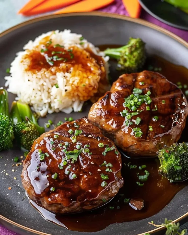 Juicy Japanese Hamburger Steak (Hambagu) served with a savory sauce and vegetables.