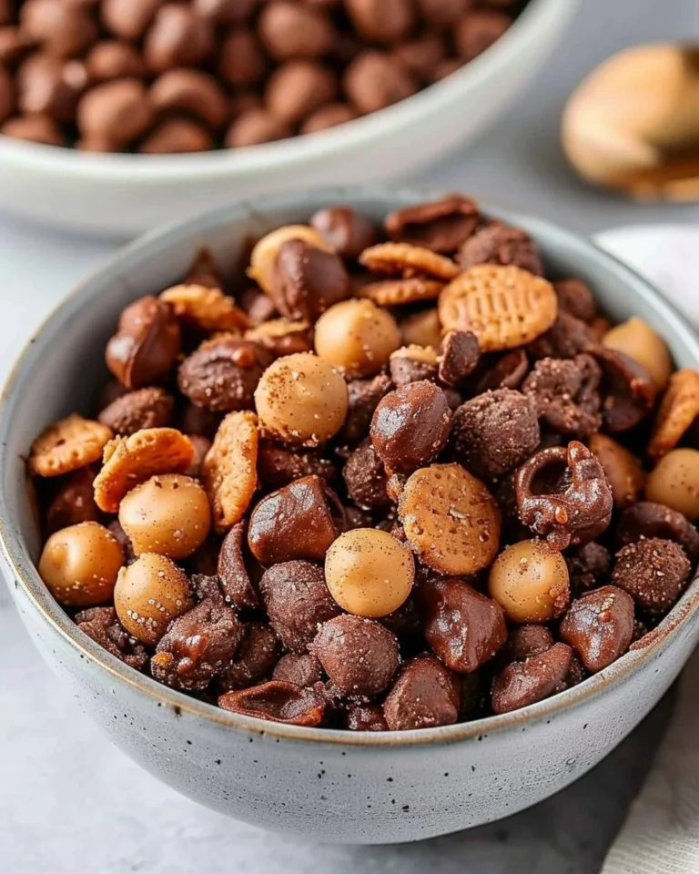 Homemade chocolate peanut butter cereal in a bowl with milk.