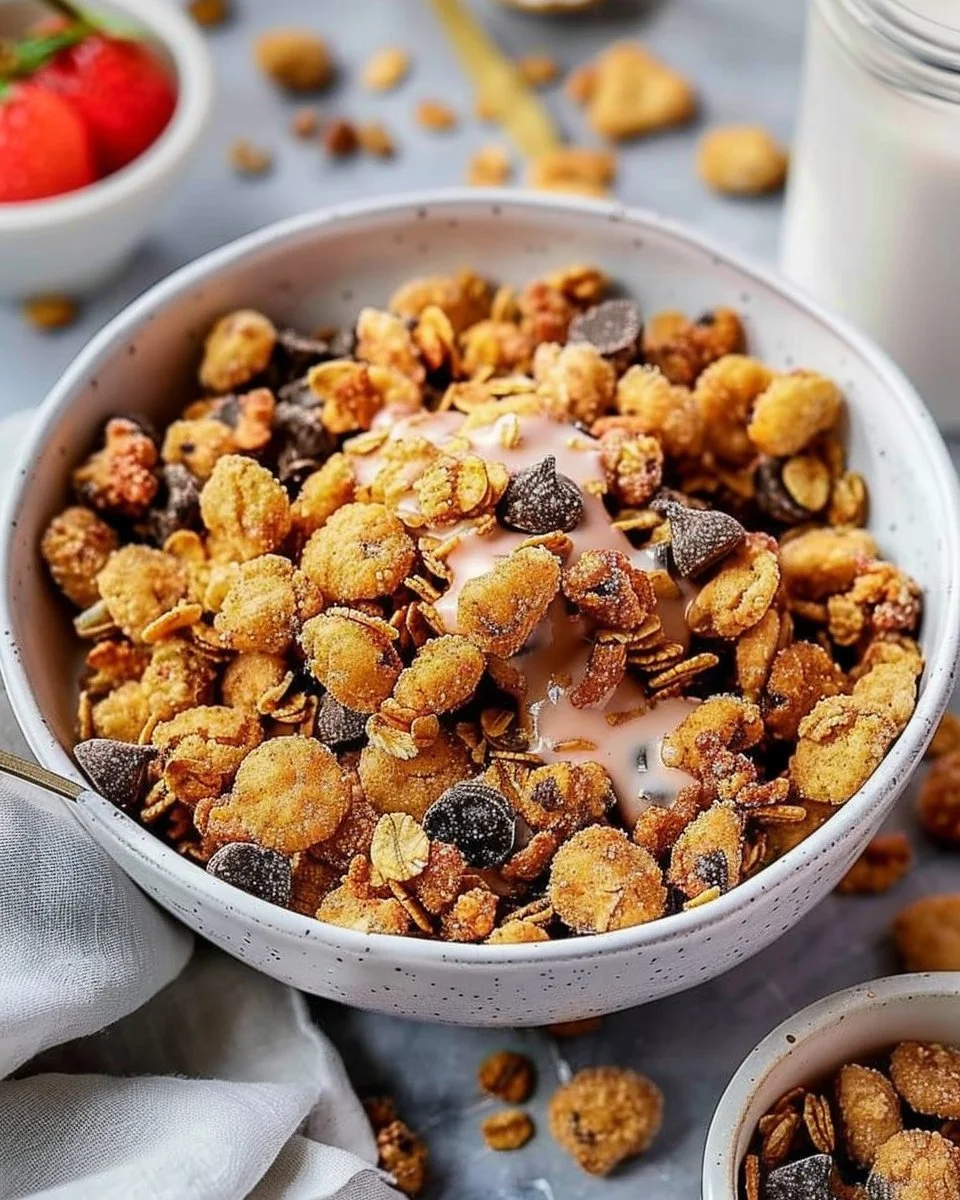 Bowl of homemade Cookie Crisp cereal with chocolate chips and milk