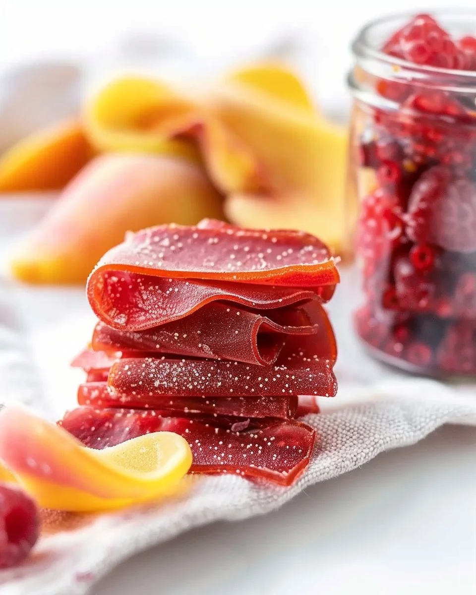 Homemade peach raspberry fruit leather on a parchment paper