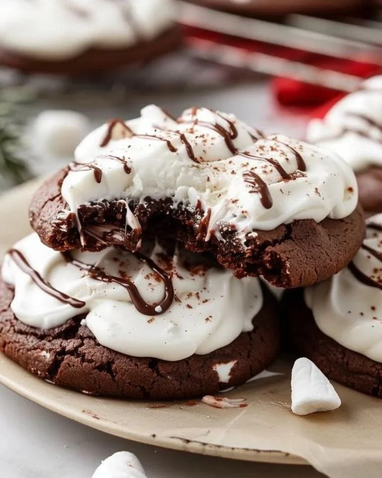 Delicious hot cocoa cookies topped with marshmallow frosting for a cozy dessert.