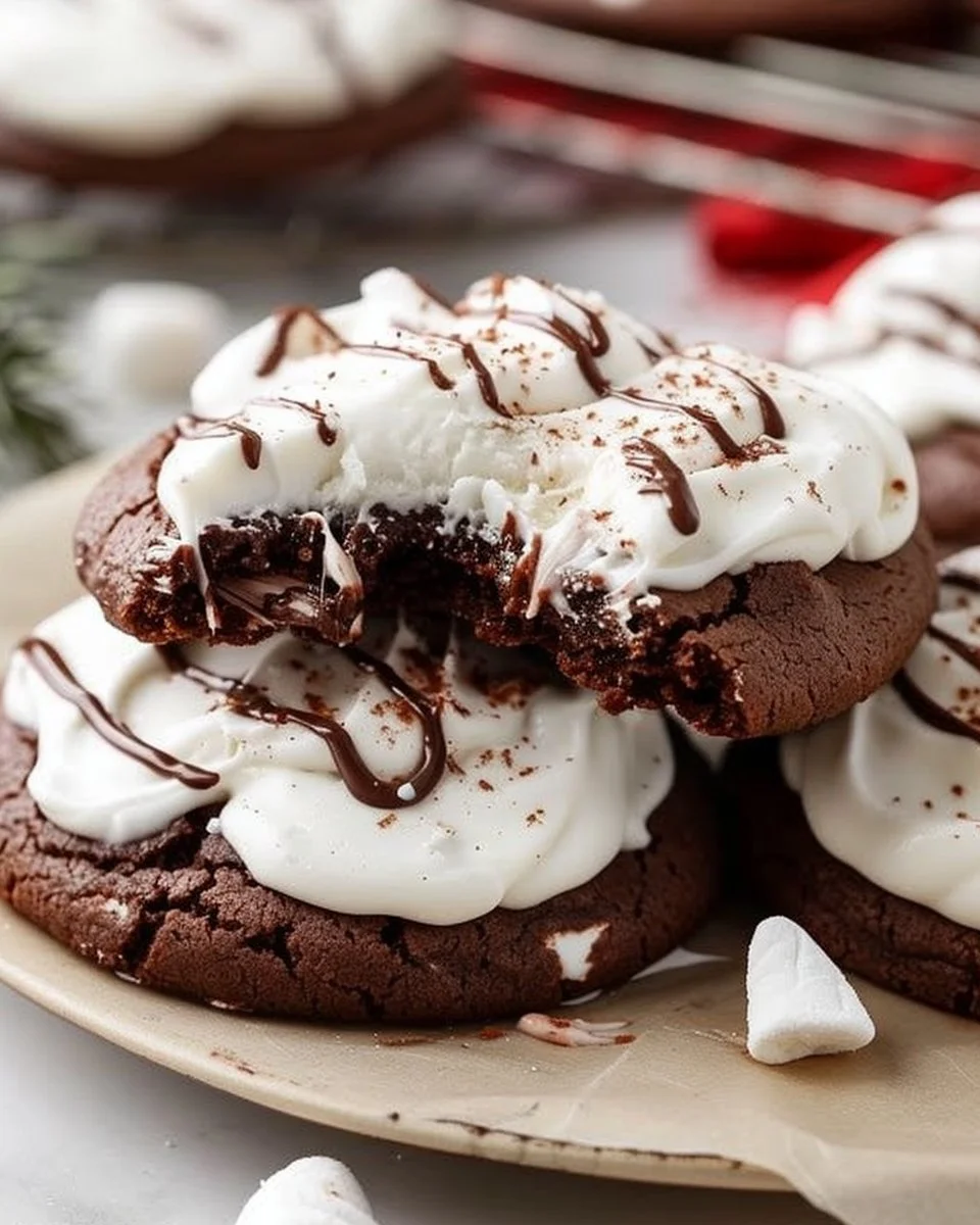 Delicious hot cocoa cookies topped with marshmallow frosting for a cozy dessert.