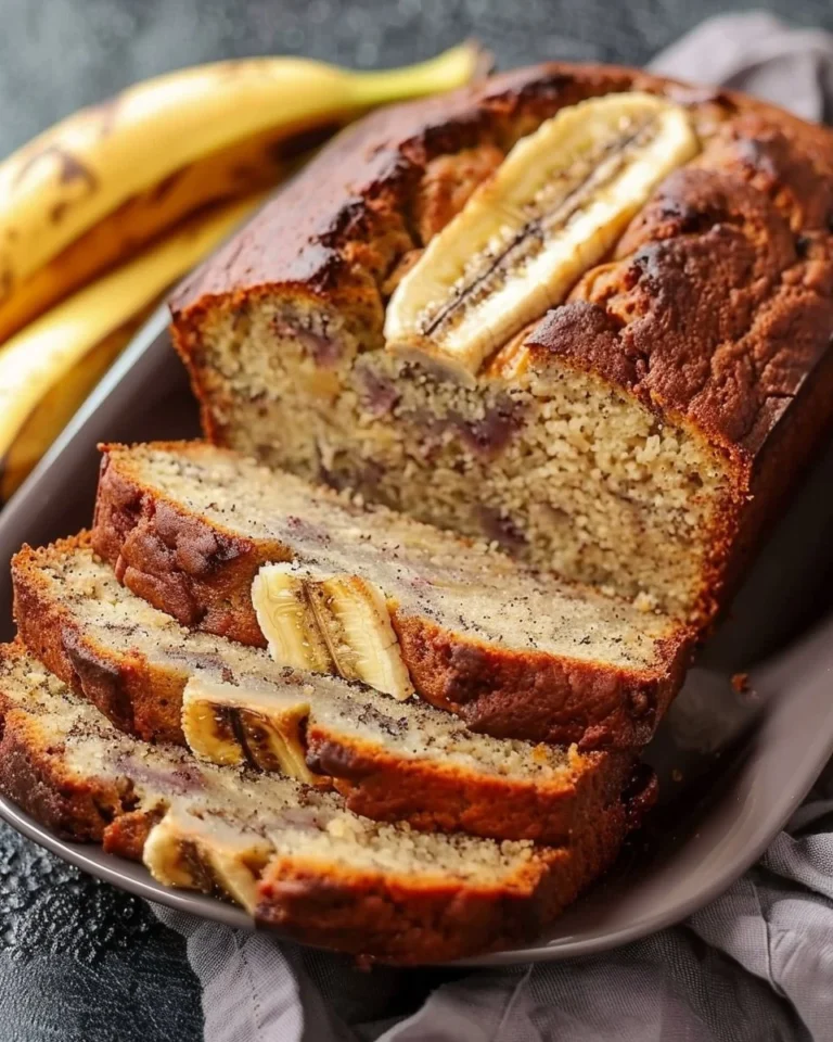 Slice of Ina Garten's moist banana bread on a wooden platter