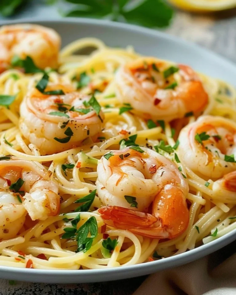 A plate of Instant Pot shrimp scampi pasta garnished with herbs and lemon