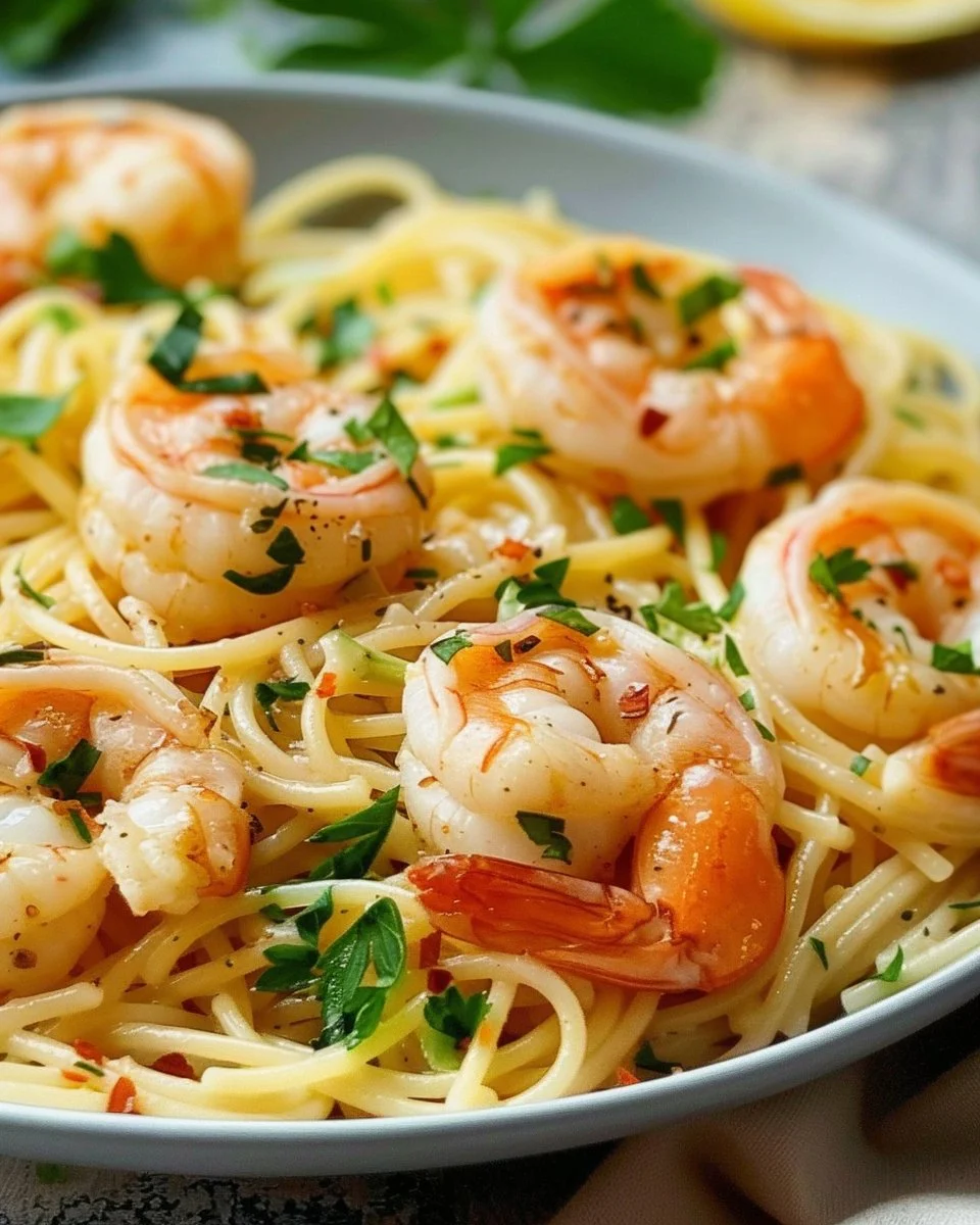 A plate of Instant Pot shrimp scampi pasta garnished with herbs and lemon