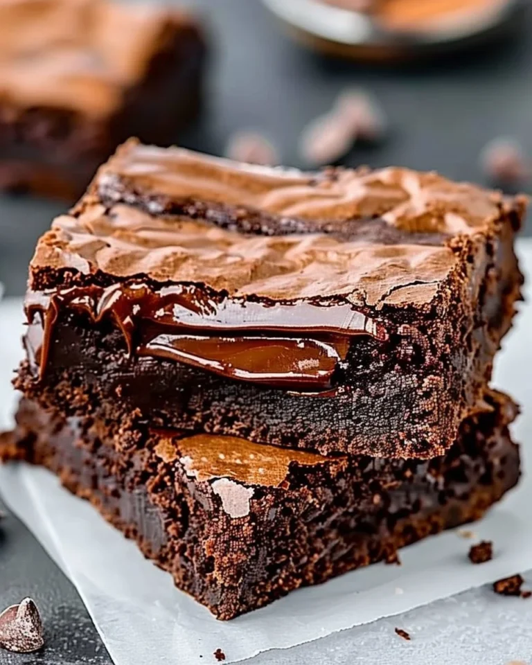 Decadent Nutella brownies topped with chocolate drizzle and hazelnuts