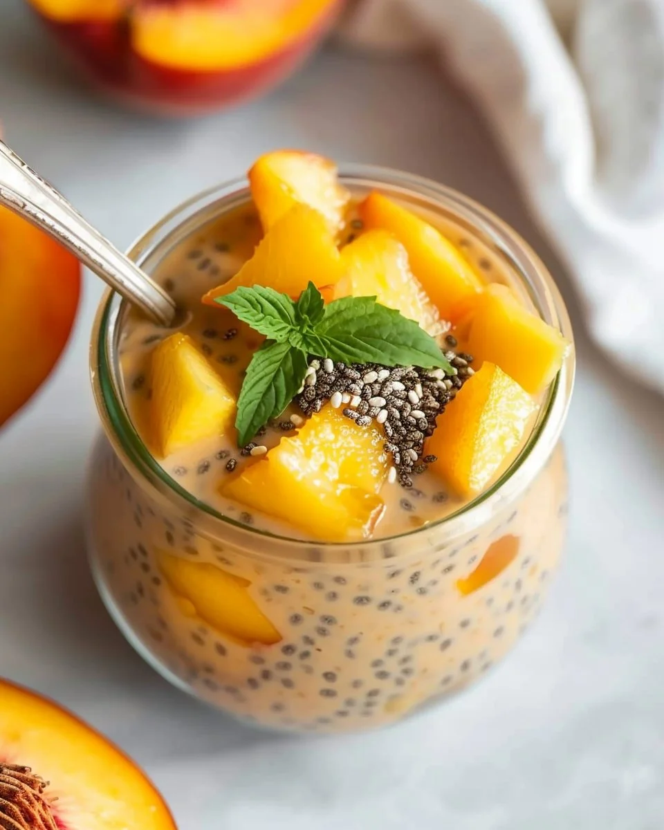 Peach Chia Pudding topped with fresh peach slices and chia seeds