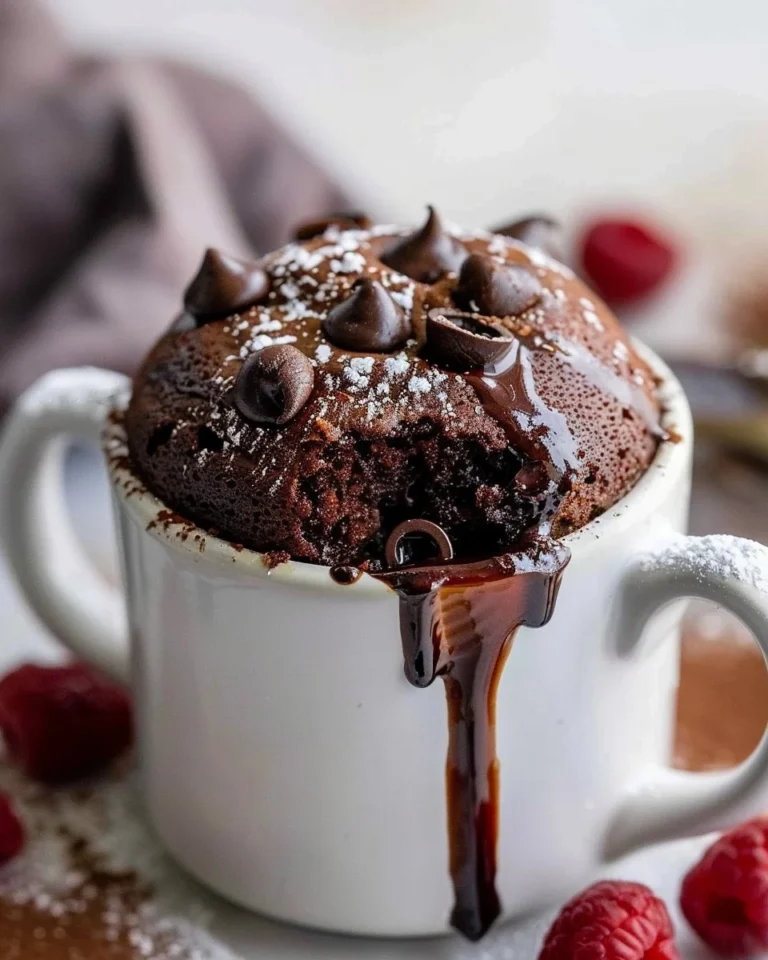 Delicious protein mug cake topped with chocolate chips in a white mug