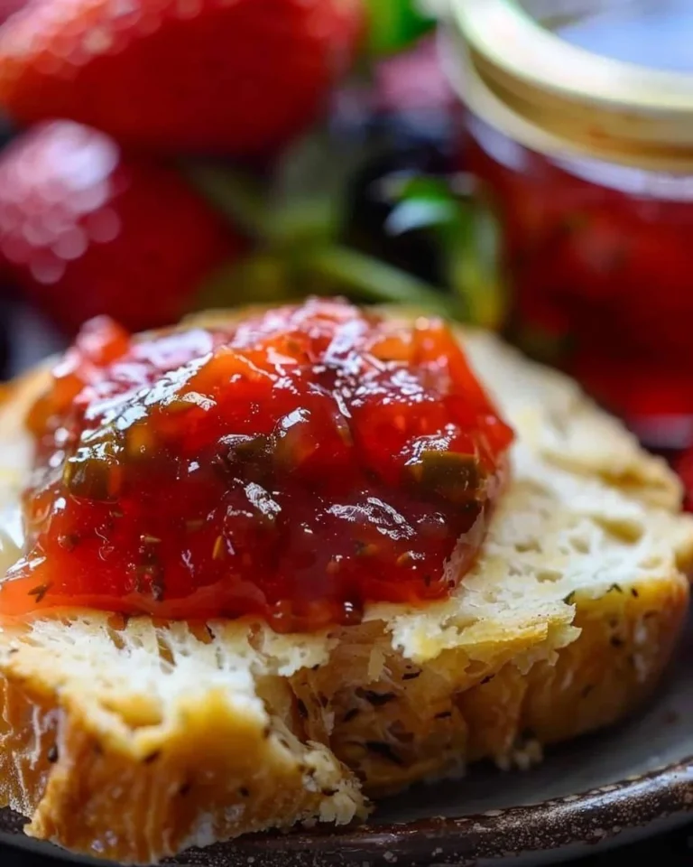 Homemade strawberry jalapeno jam in a glass jar with fresh strawberries and jalapenos