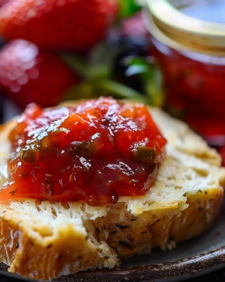 Homemade strawberry jalapeno jam in a glass jar with fresh strawberries and jalapenos