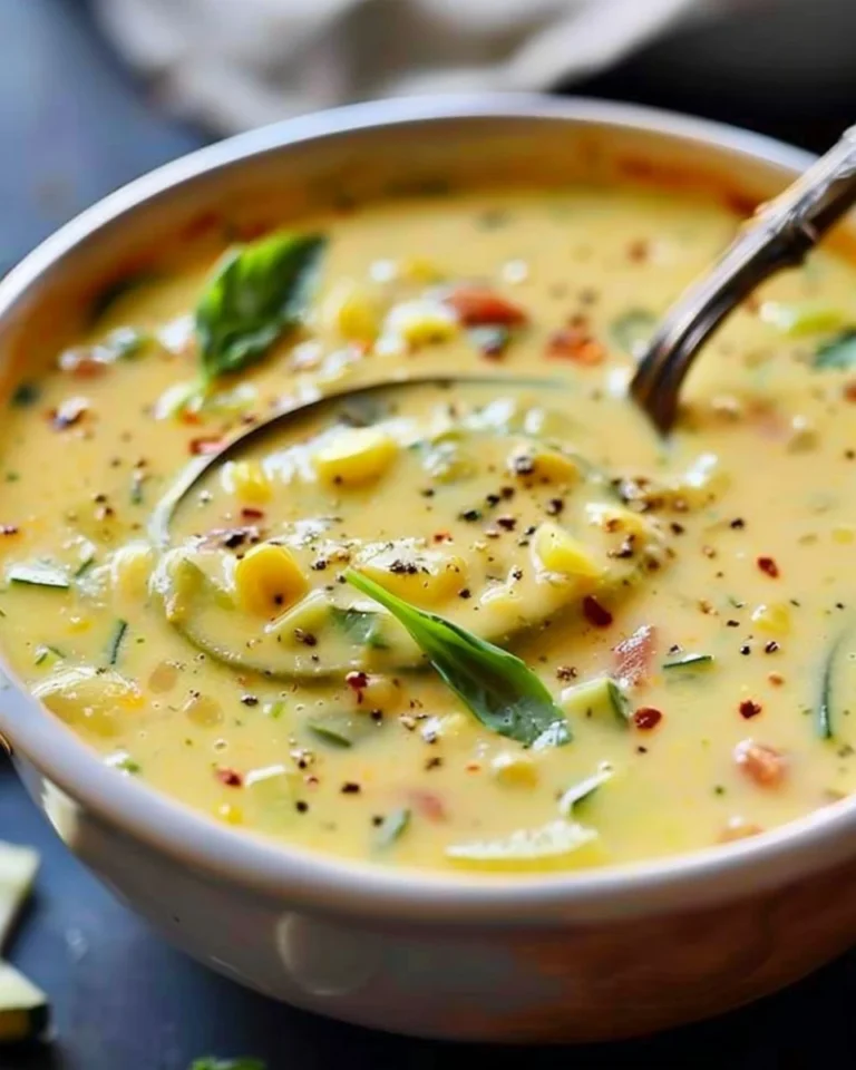 Bowl of delicious zucchini corn chowder with fresh ingredients