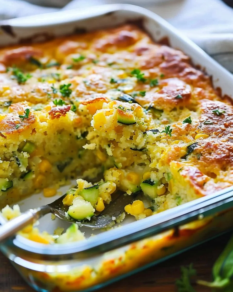 Delicious zucchini cornbread casserole dish served warm