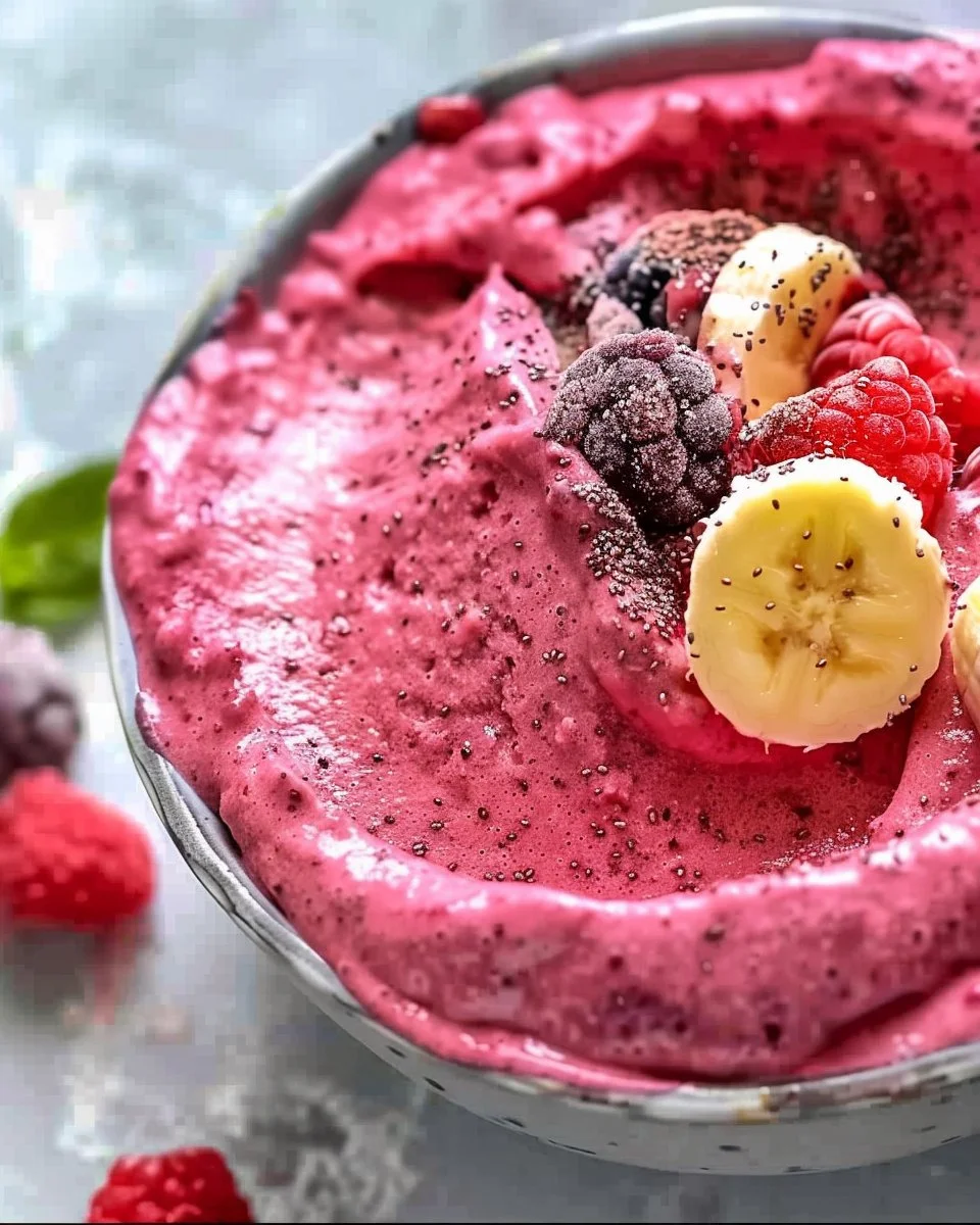 A colorful Banana Berry Smoothie Bowl topped with fresh fruits and granola.