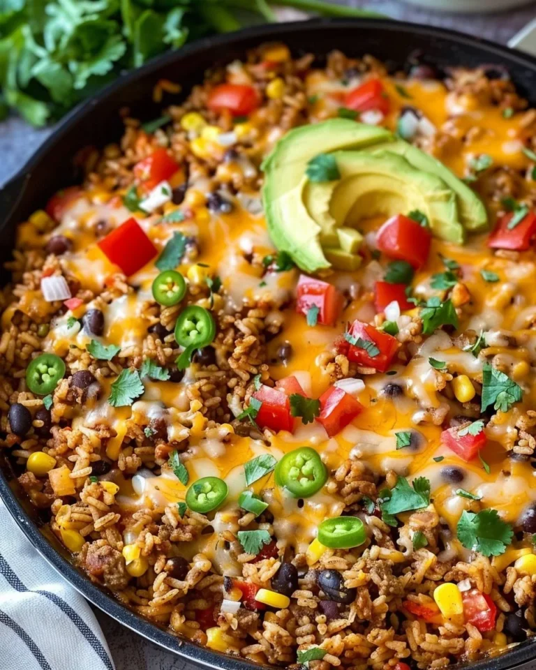 Cheesy Taco Rice Skillet dish topped with cheese and fresh toppings