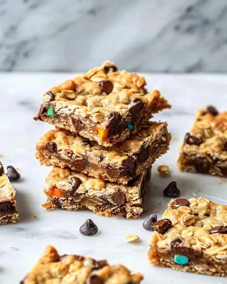 Delicious chocolate chip oatmeal cookie bars on a wooden table.