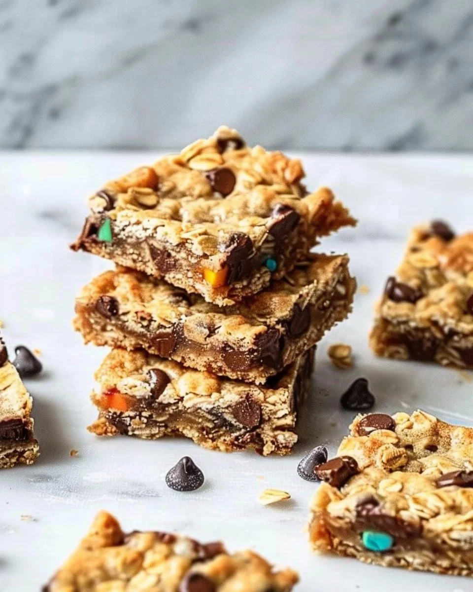 Delicious chocolate chip oatmeal cookie bars on a wooden table.