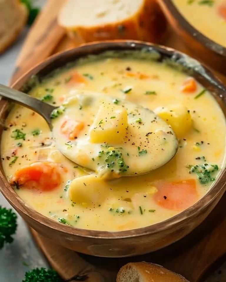 Bowl of creamy vegetable soup garnished with herbs and served with bread.