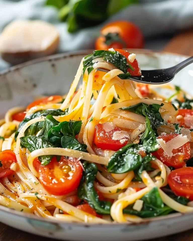 Easy tomato and spinach pasta dish garnished with herbs and cheese.