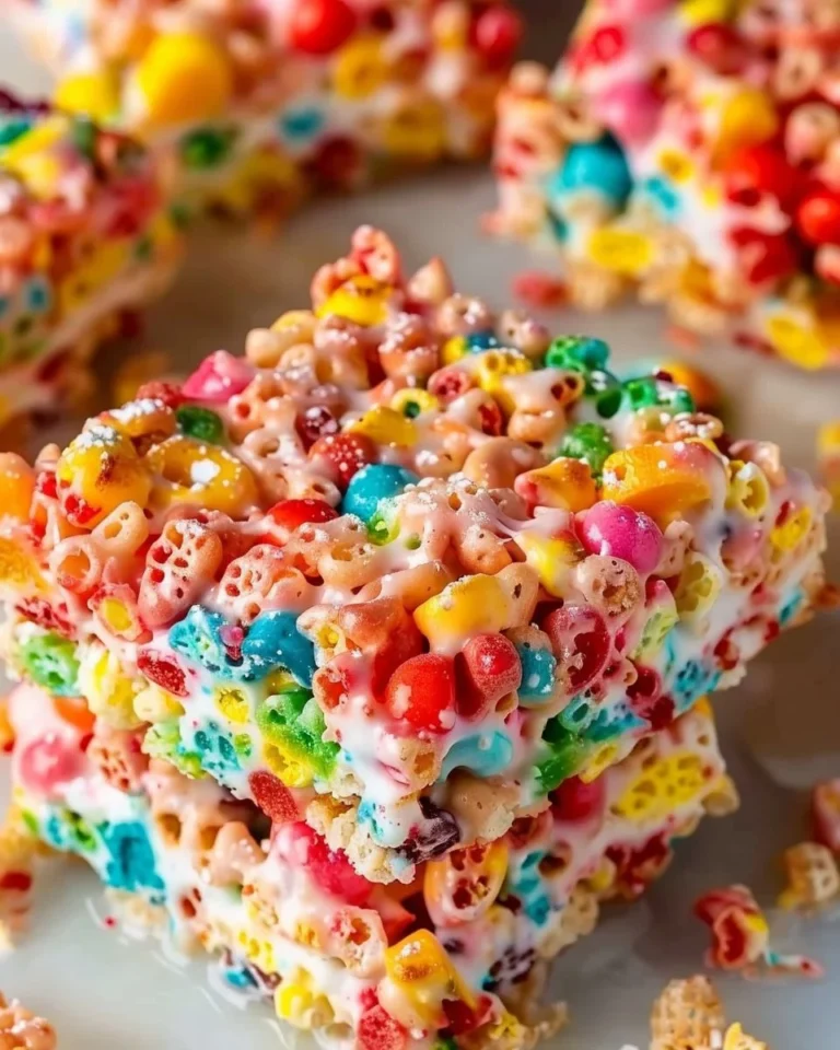 Fruity Pebbles Rice Krispie Treats in a colorful display.