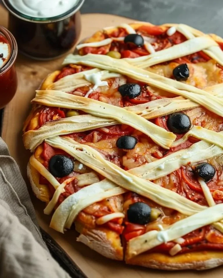 Mummy Pizza decorated with cheese and dough for Halloween