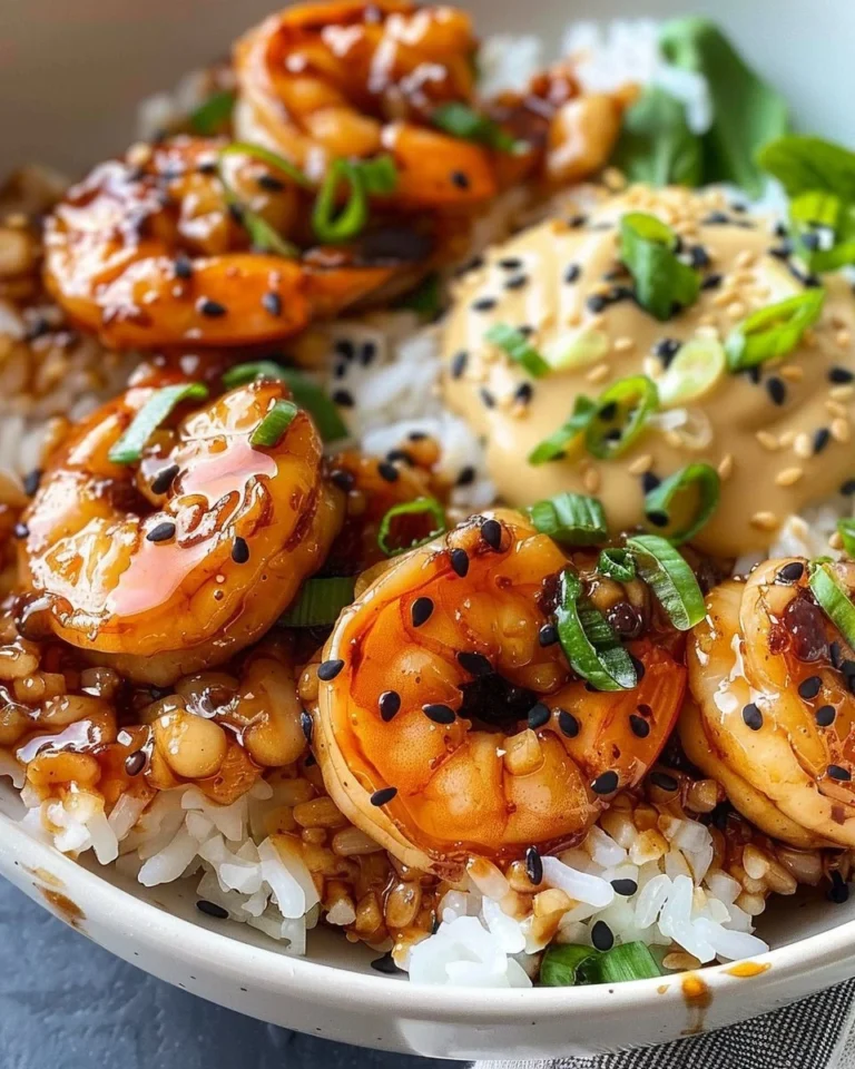 Delicious teriyaki shrimp rice bowl with vegetables and sauce
